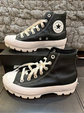 Leather Platform Converse Black and White Womens High Top Sneakers
